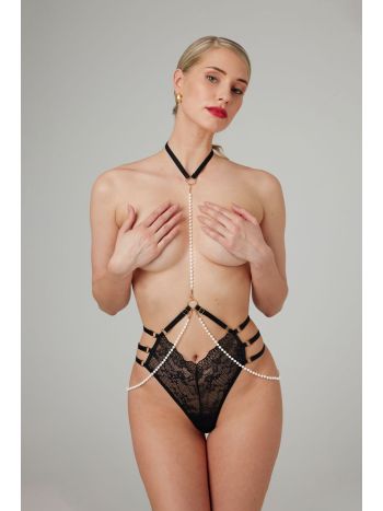 Christine - Luxury lace Pearl Thong Mea - Black